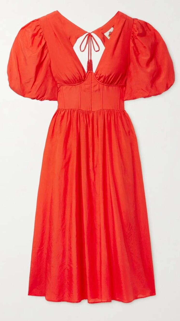 FARM Rio Orange Solid V-Neck Puff Sleeve Open Back Tie Midi Dress XL